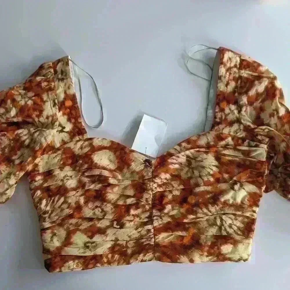 NWT Zara Bundle Floral Print Linen Cotton Cropped Top & Yellow Crop Top 2 pieces - Picture 3 of 7